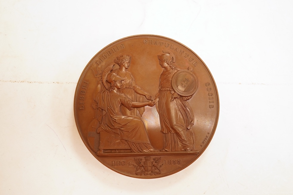 Victoria medals, Visit of Vittorio Emanuele II, King of Sardinia, to London 1855, bronze medal by B. Wyon, head left, rev. Londinia and Britannia welcome Sardinia, 77mm, BHM 2567, EF, scarce, only 350 struck, in case of